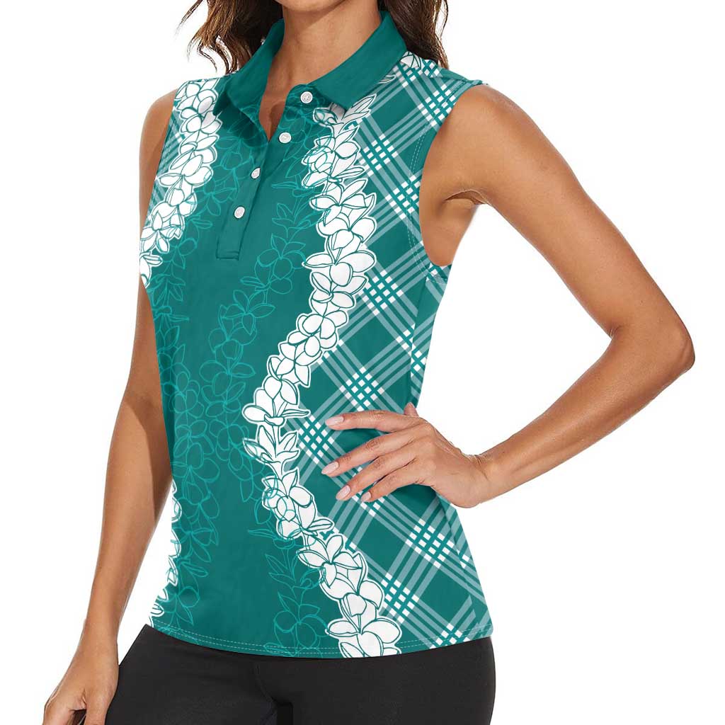 Hawaii Aloha Plumeria Lei Teal Palaka Women Sleeveless Polo Shirt LT7 - Polynesian Pride