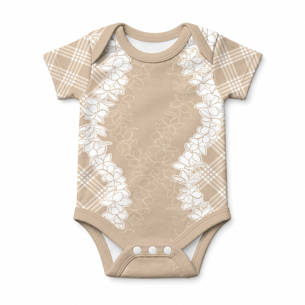 Hawaii Aloha Plumeria Lei Beige Palaka Baby Onesie