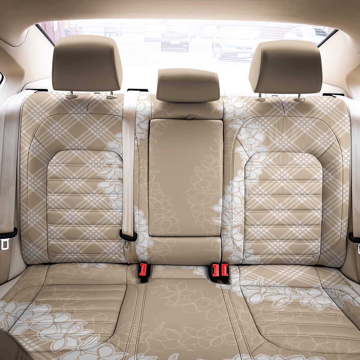 Hawaii Aloha Plumeria Lei Beige Palaka Back Car Seat Cover - Polynesian Pride
