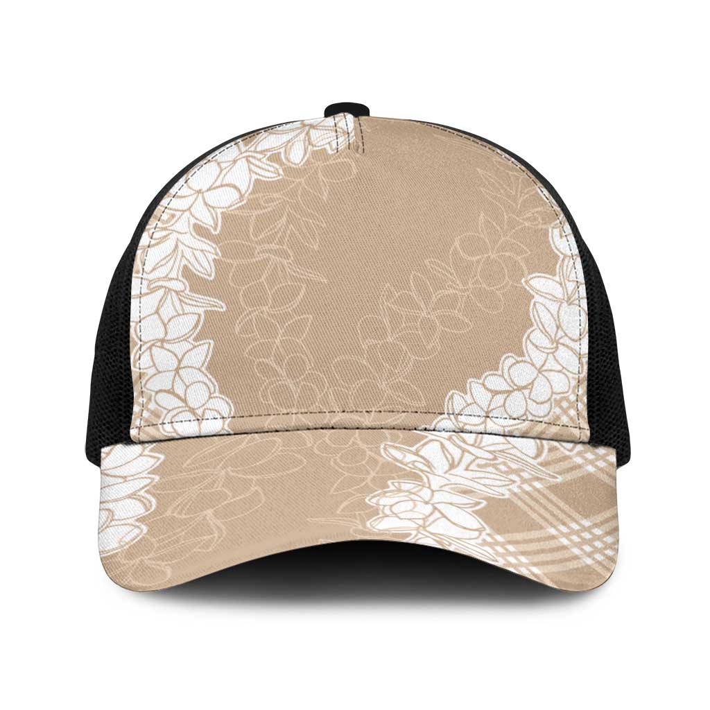 Hawaii Aloha Plumeria Lei Beige Palaka Baseball Net Cap - Polynesian Pride