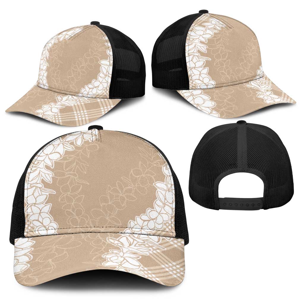 Hawaii Aloha Plumeria Lei Beige Palaka Baseball Net Cap - Polynesian Pride