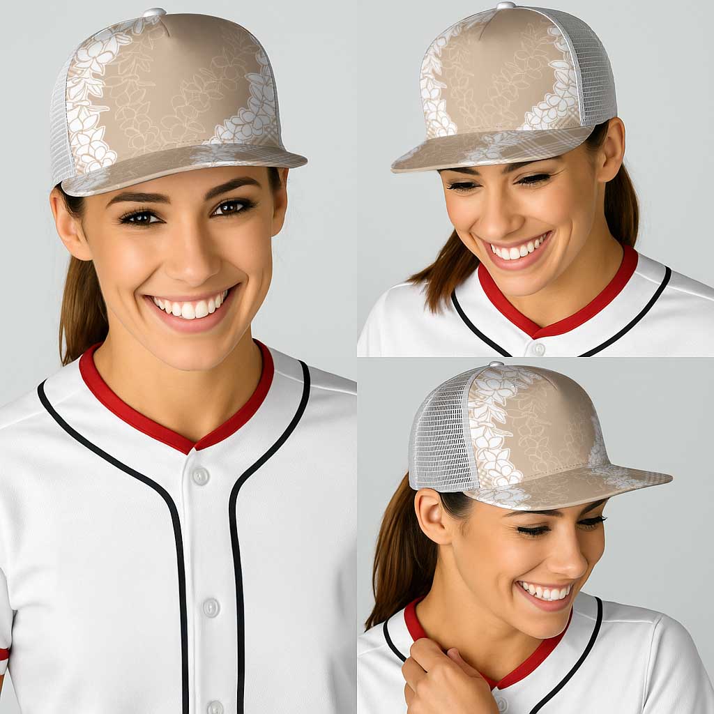 Hawaii Aloha Plumeria Lei Beige Palaka Baseball Net Cap - Polynesian Pride