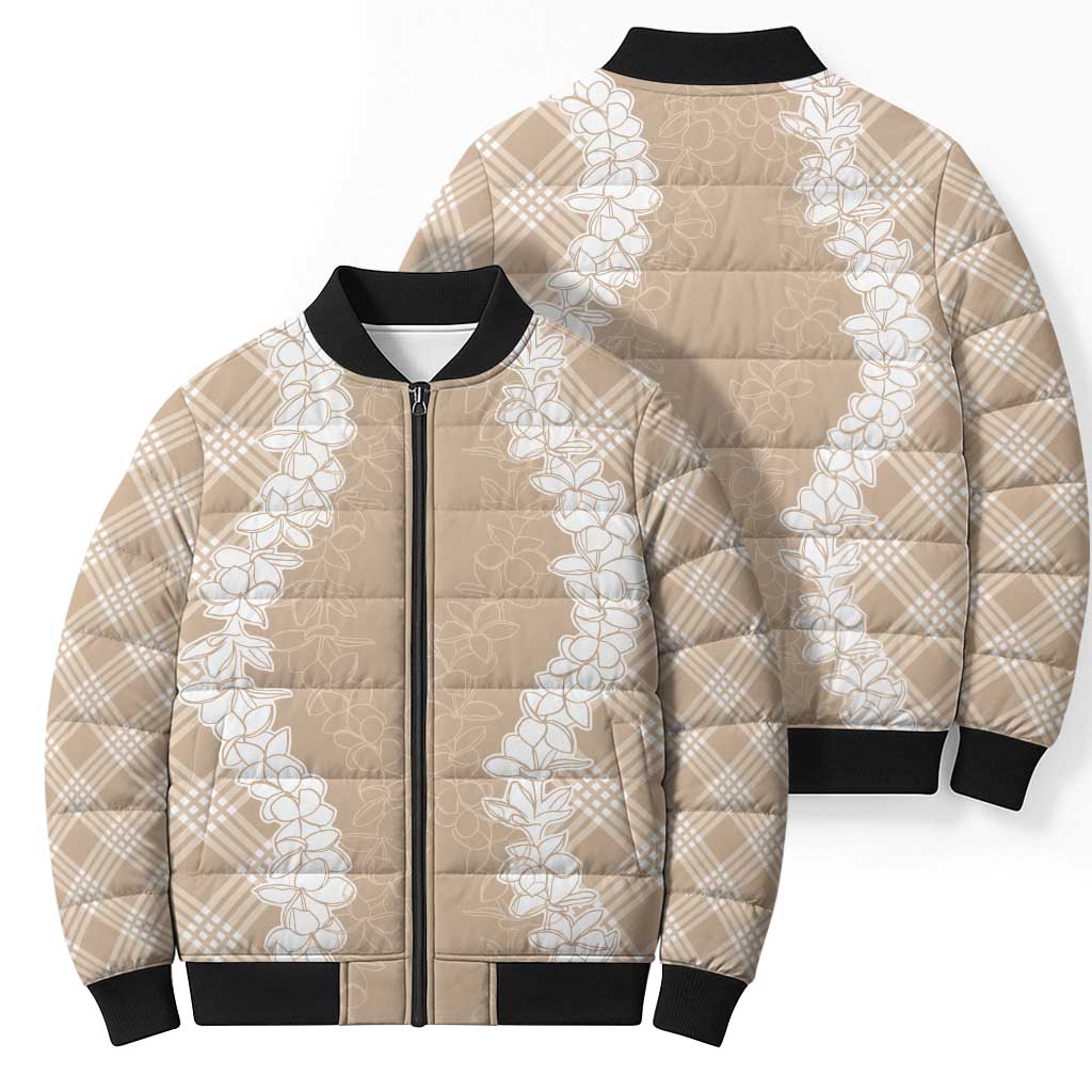 Hawaii Aloha Plumeria Lei Beige Palaka Bomber Puffer Jacket LT7 - Polynesian Pride