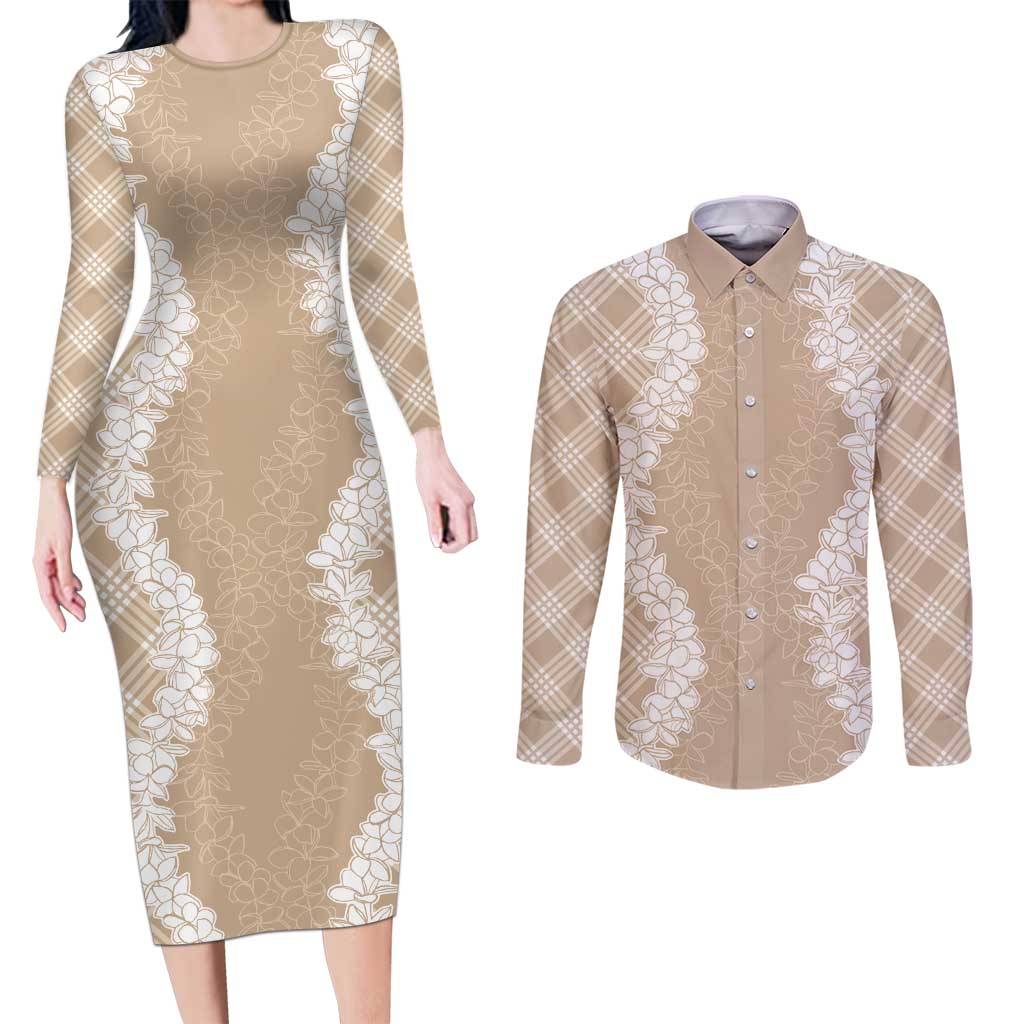 Hawaii Aloha Plumeria Lei Beige Palaka Couples Matching Long Sleeve Bodycon Dress and Long Sleeve Button Shirt LT7 Beige - Polynesian Pride