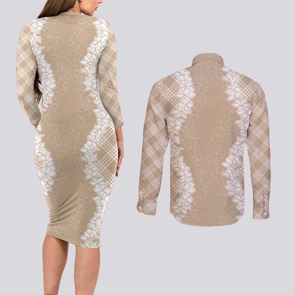 Hawaii Aloha Plumeria Lei Beige Palaka Couples Matching Long Sleeve Bodycon Dress and Long Sleeve Button Shirt LT7 - Polynesian Pride