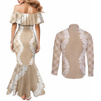 Hawaii Aloha Plumeria Lei Beige Palaka Couples Matching Mermaid Dress and Long Sleeve Button Shirt LT7 - Polynesian Pride