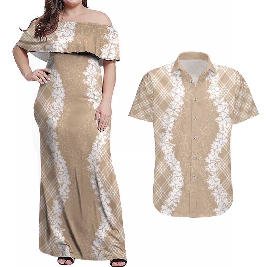 Hawaii Aloha Plumeria Lei Beige Palaka Couples Matching Off Shoulder Maxi Dress and Hawaiian Shirt LT7 Beige - Polynesian Pride