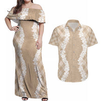 Hawaii Aloha Plumeria Lei Beige Palaka Couples Matching Off Shoulder Maxi Dress and Hawaiian Shirt LT7 Beige - Polynesian Pride