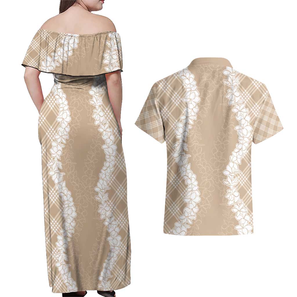 Hawaii Aloha Plumeria Lei Beige Palaka Couples Matching Off Shoulder Maxi Dress and Hawaiian Shirt LT7 - Polynesian Pride