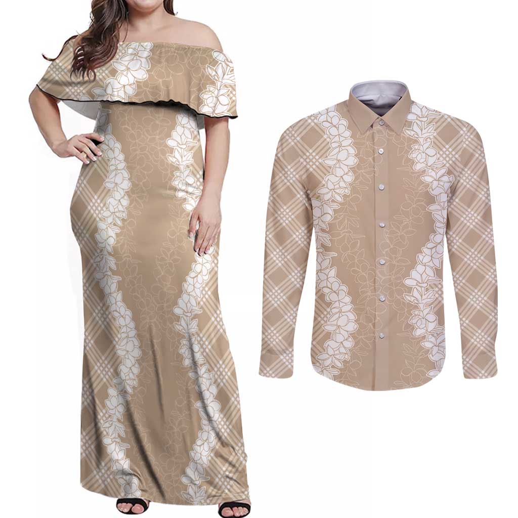 Hawaii Aloha Plumeria Lei Beige Palaka Couples Matching Off Shoulder Maxi Dress and Long Sleeve Button Shirt LT7 Beige - Polynesian Pride