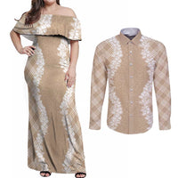 Hawaii Aloha Plumeria Lei Beige Palaka Couples Matching Off Shoulder Maxi Dress and Long Sleeve Button Shirt LT7 Beige - Polynesian Pride