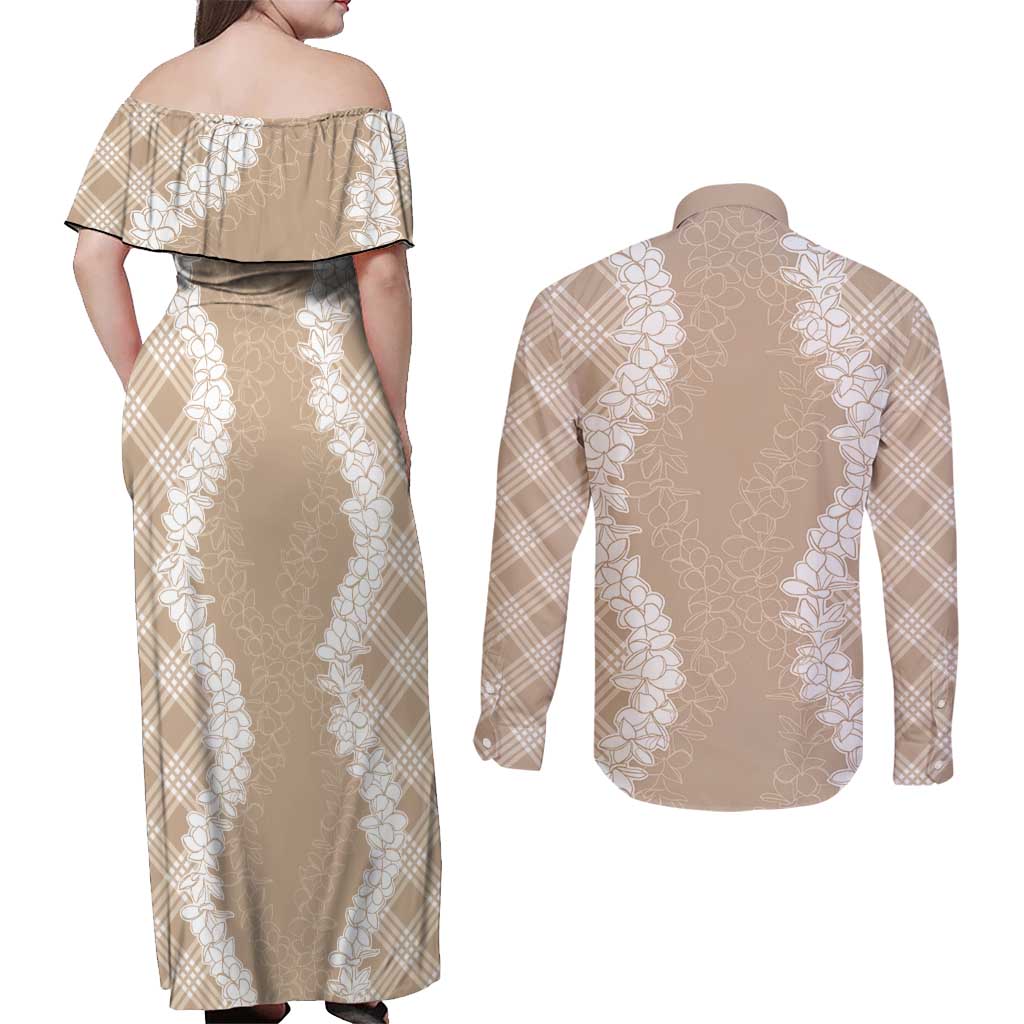 Hawaii Aloha Plumeria Lei Beige Palaka Couples Matching Off Shoulder Maxi Dress and Long Sleeve Button Shirt LT7 - Polynesian Pride
