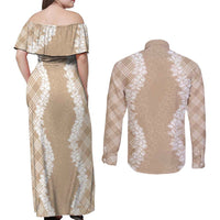 Hawaii Aloha Plumeria Lei Beige Palaka Couples Matching Off Shoulder Maxi Dress and Long Sleeve Button Shirt LT7 - Polynesian Pride