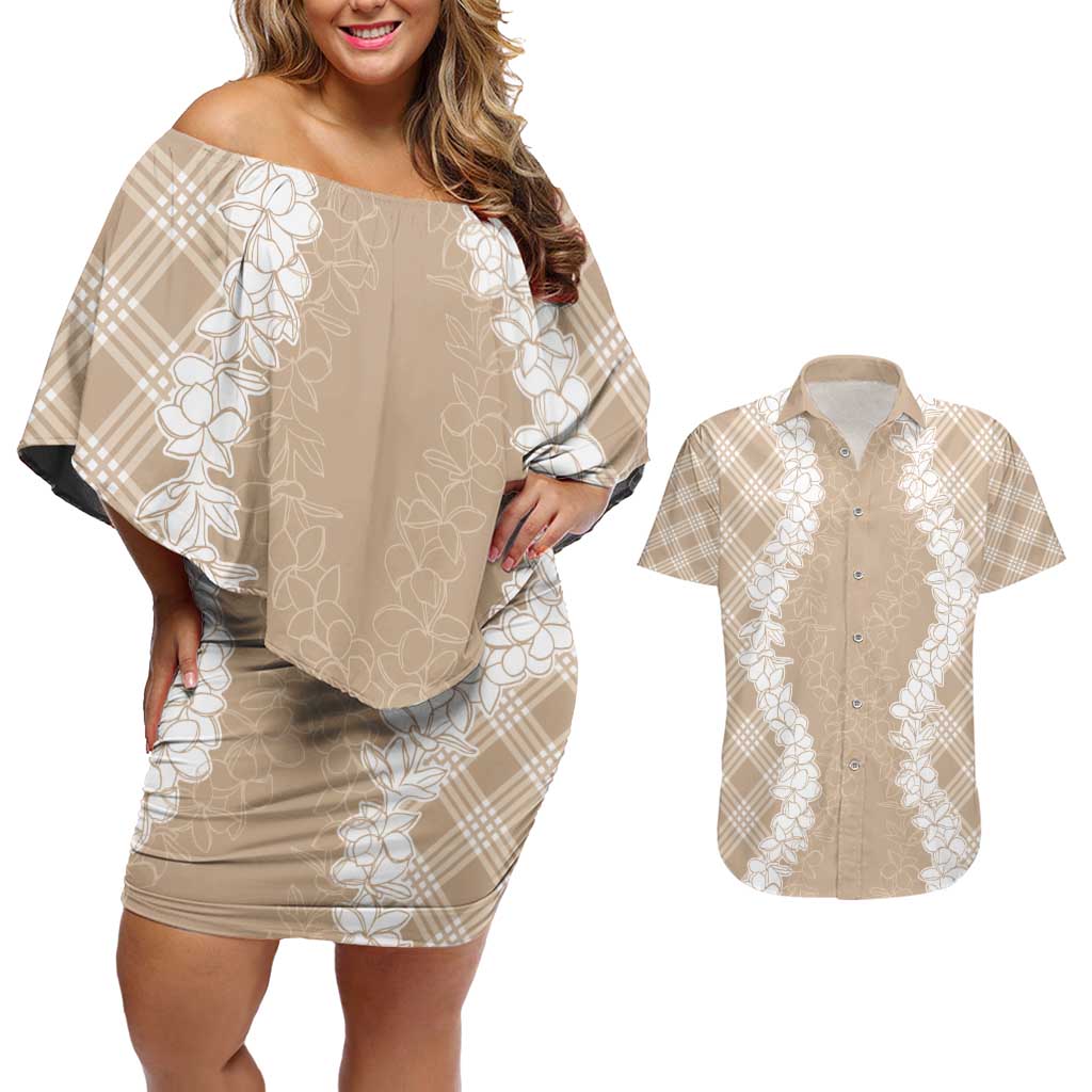 Hawaii Aloha Plumeria Lei Beige Palaka Couples Matching Off Shoulder Short Dress and Hawaiian Shirt - Polynesian Pride
