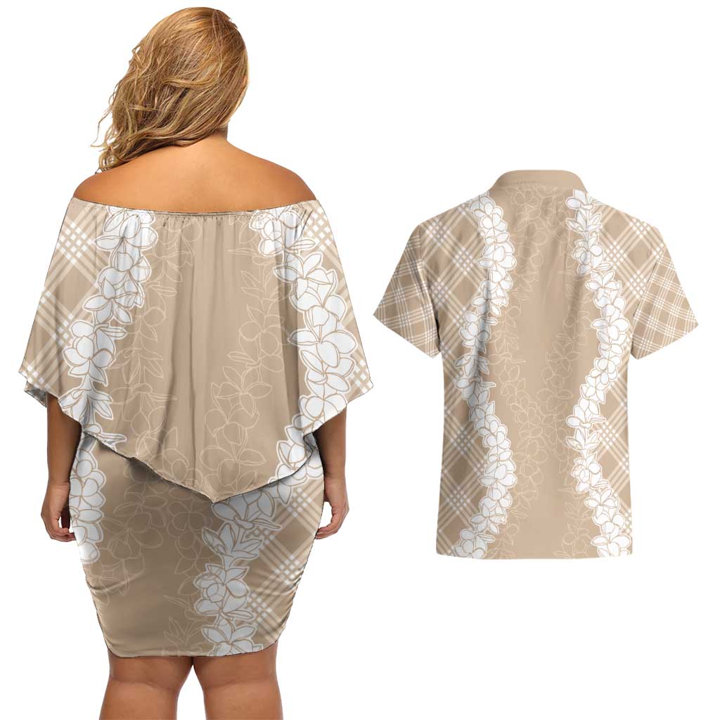 Hawaii Aloha Plumeria Lei Beige Palaka Couples Matching Off Shoulder Short Dress and Hawaiian Shirt LT7 - Polynesian Pride
