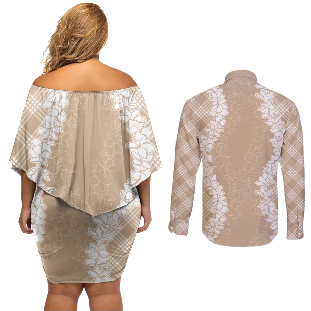 Hawaii Aloha Plumeria Lei Beige Palaka Couples Matching Off Shoulder Short Dress and Long Sleeve Button Shirt LT7 - Polynesian Pride