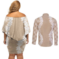 Hawaii Aloha Plumeria Lei Beige Palaka Couples Matching Off Shoulder Short Dress and Long Sleeve Button Shirt LT7 - Polynesian Pride