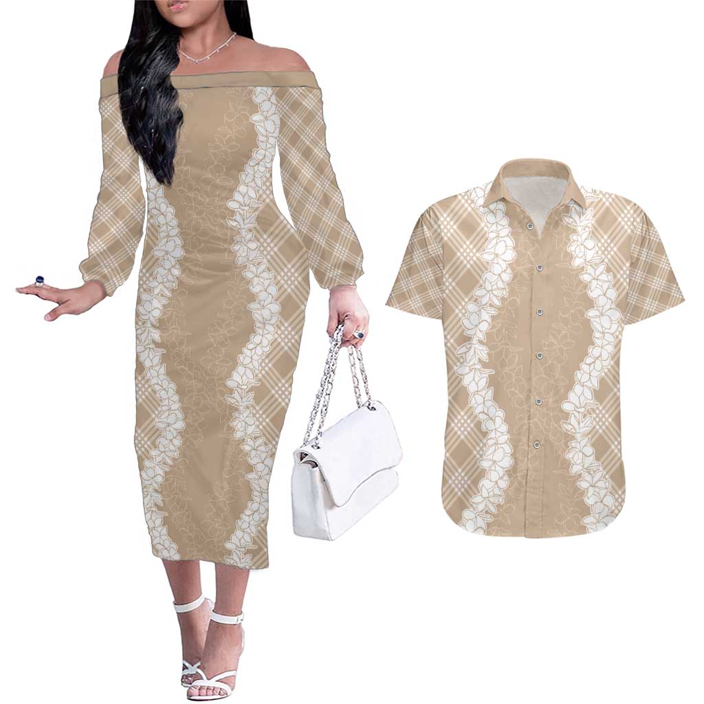 Hawaii Aloha Plumeria Lei Beige Palaka Couples Matching Off The Shoulder Long Sleeve Dress and Hawaiian Shirt LT7 Beige - Polynesian Pride