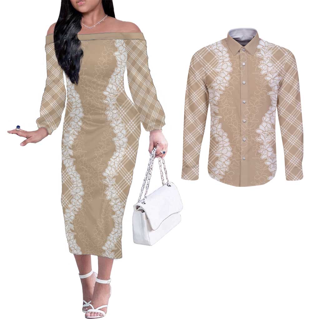 Hawaii Aloha Plumeria Lei Beige Palaka Couples Matching Off The Shoulder Long Sleeve Dress and Long Sleeve Button Shirt LT7 Beige - Polynesian Pride