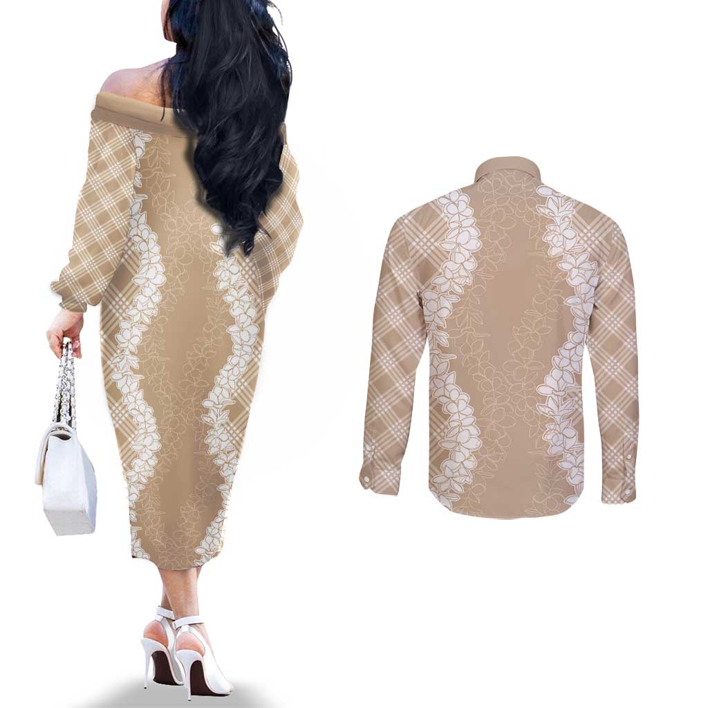 Hawaii Aloha Plumeria Lei Beige Palaka Couples Matching Off The Shoulder Long Sleeve Dress and Long Sleeve Button Shirt LT7 - Polynesian Pride