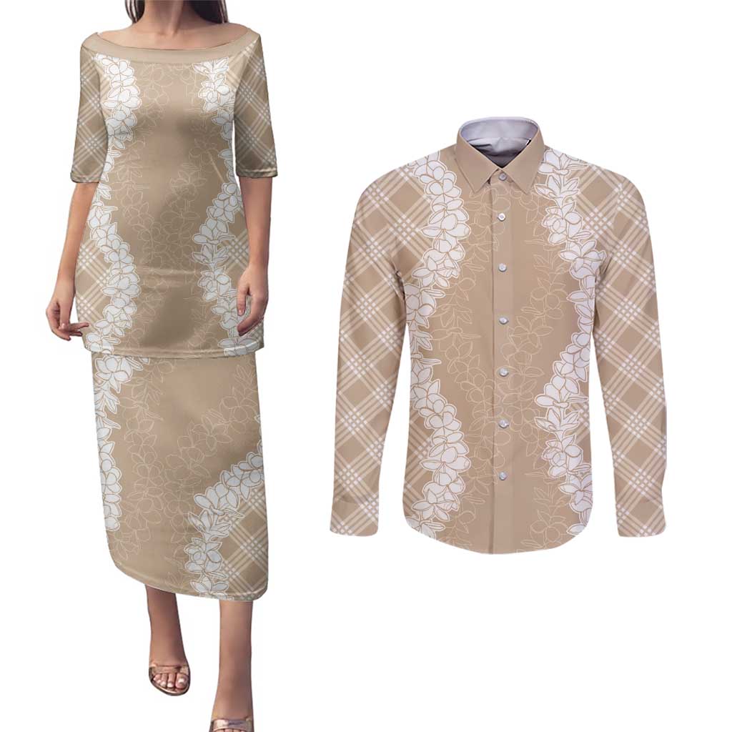 Hawaii Aloha Plumeria Lei Beige Palaka Couples Matching Puletasi and Long Sleeve Button Shirt - Polynesian Pride