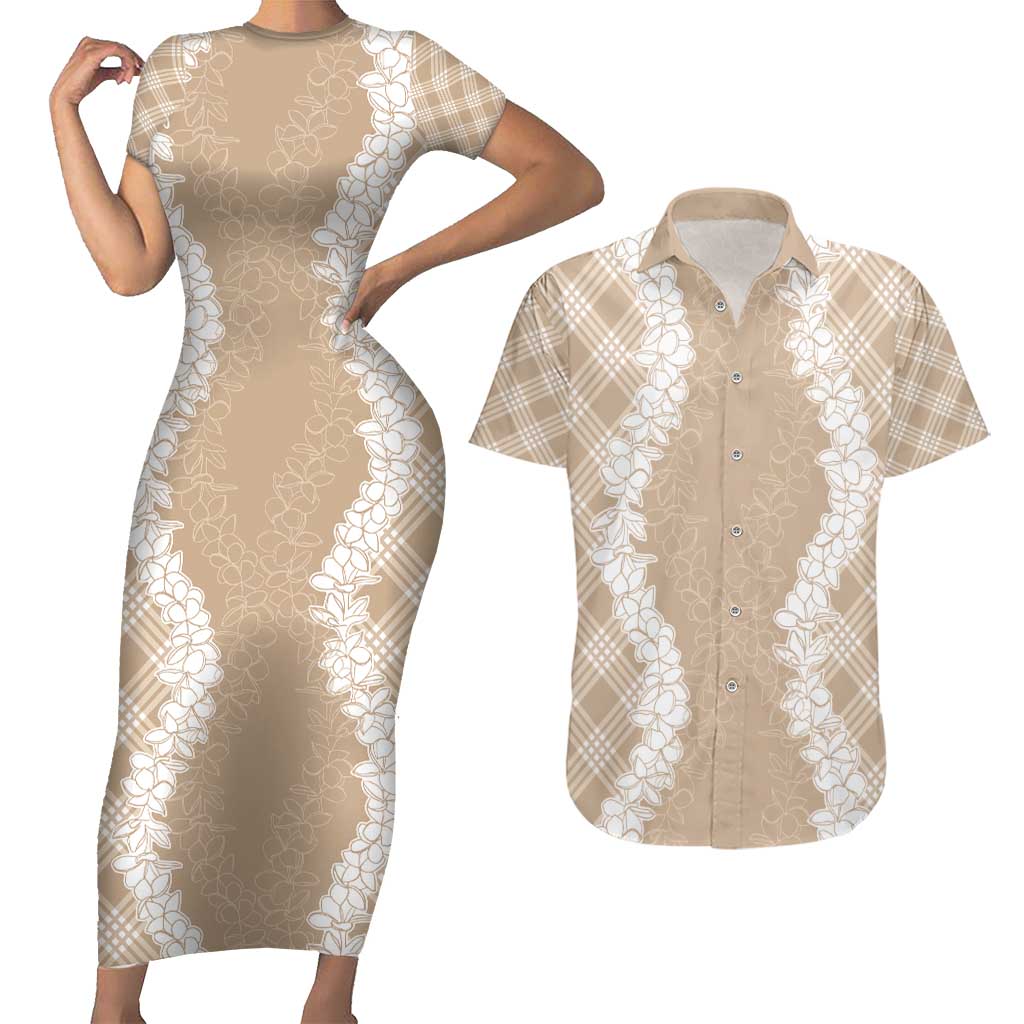 Hawaii Aloha Plumeria Lei Beige Palaka Couples Matching Short Sleeve Bodycon Dress and Hawaiian Shirt LT7 Beige - Polynesian Pride