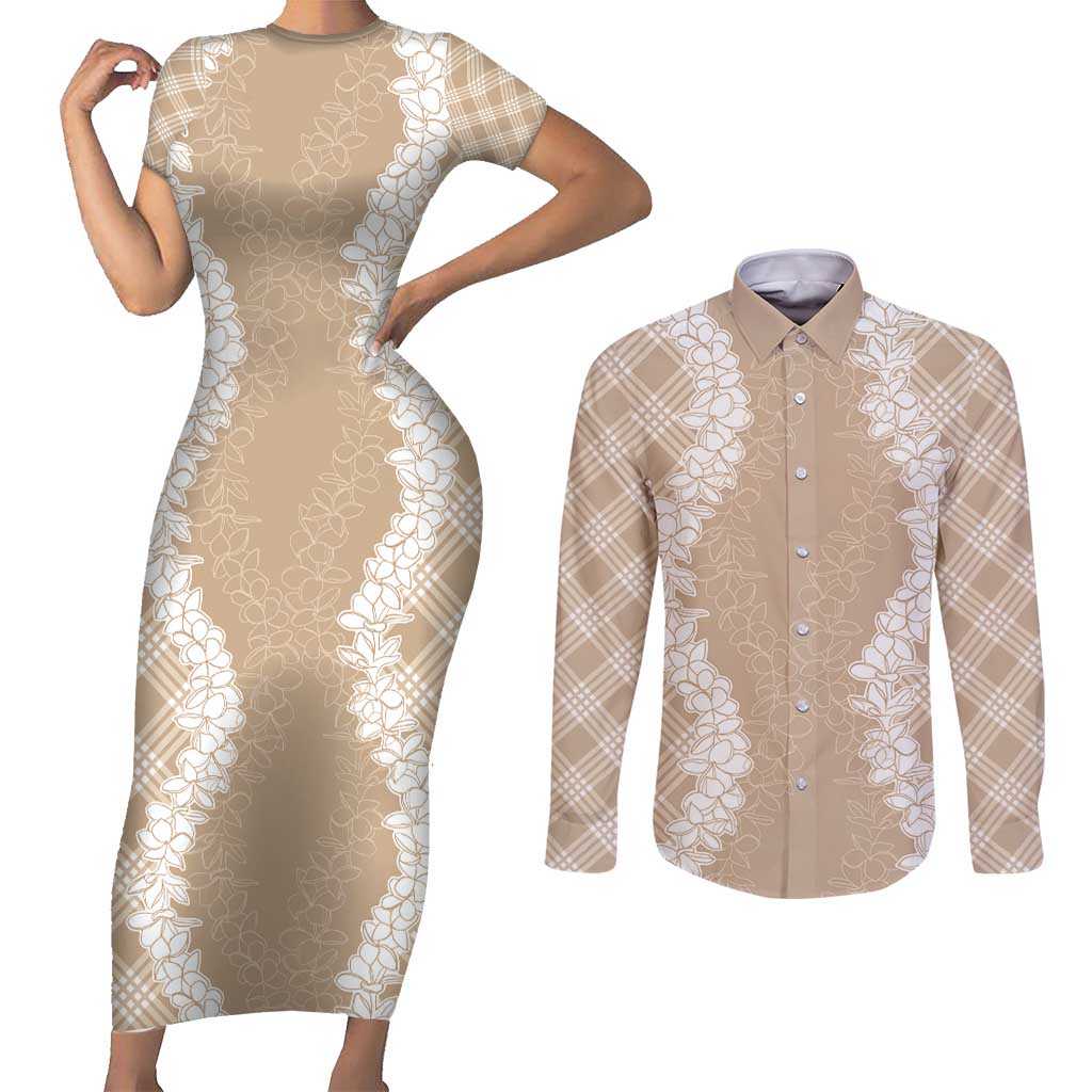 Hawaii Aloha Plumeria Lei Beige Palaka Couples Matching Short Sleeve Bodycon Dress and Long Sleeve Button Shirt LT7 Beige - Polynesian Pride