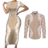 Hawaii Aloha Plumeria Lei Beige Palaka Couples Matching Short Sleeve Bodycon Dress and Long Sleeve Button Shirt LT7 Beige - Polynesian Pride