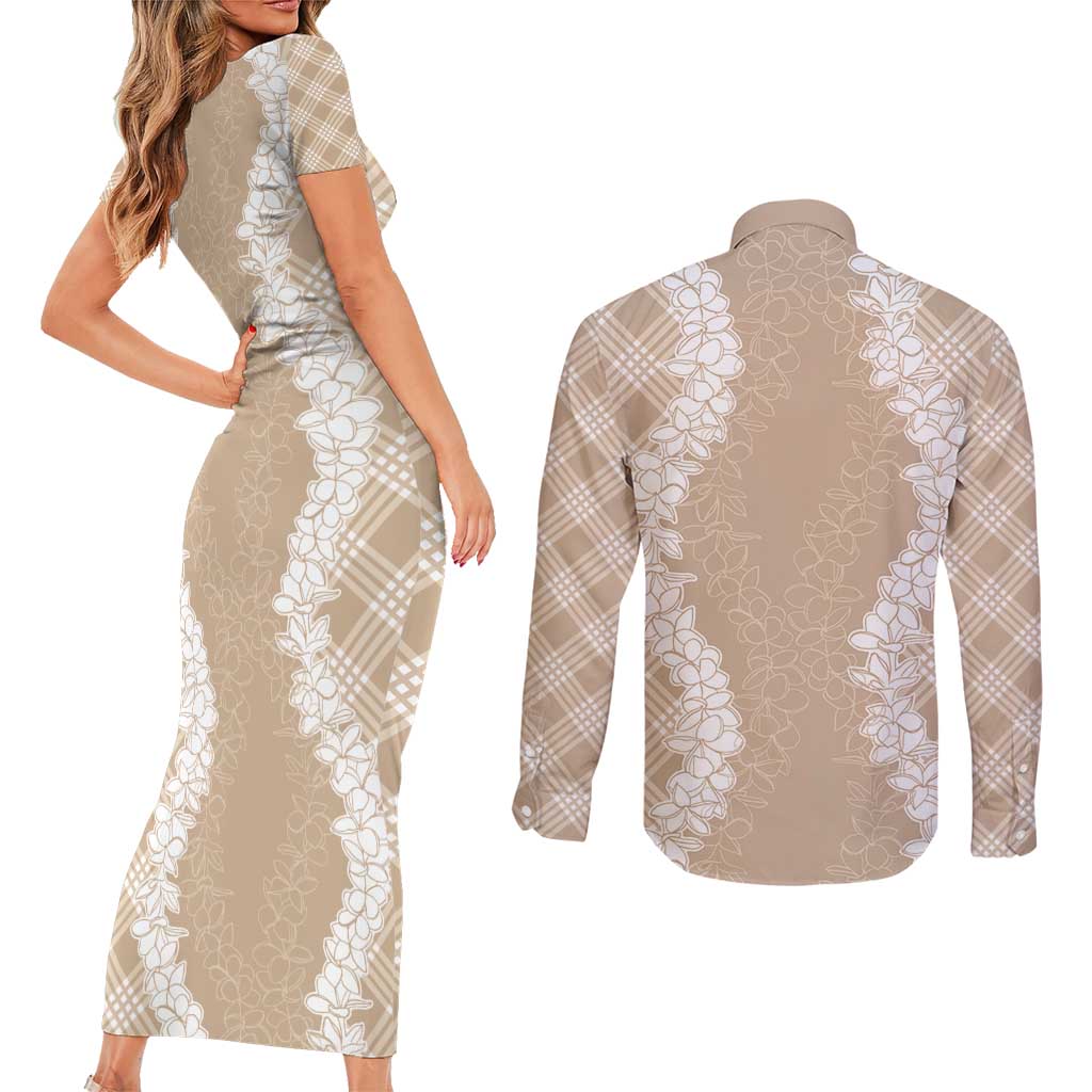 Hawaii Aloha Plumeria Lei Beige Palaka Couples Matching Short Sleeve Bodycon Dress and Long Sleeve Button Shirt LT7 - Polynesian Pride