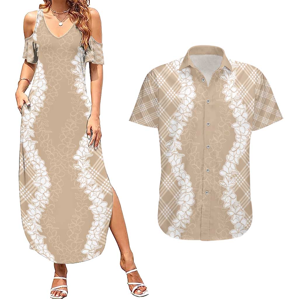 Hawaii Aloha Plumeria Lei Beige Palaka Couples Matching Summer Maxi Dress and Hawaiian Shirt LT7 Beige - Polynesian Pride