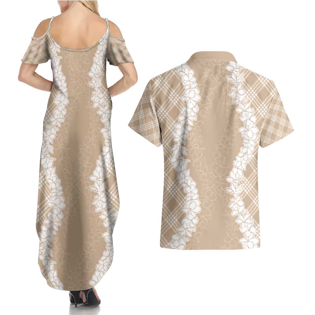 Hawaii Aloha Plumeria Lei Beige Palaka Couples Matching Summer Maxi Dress and Hawaiian Shirt LT7 - Polynesian Pride