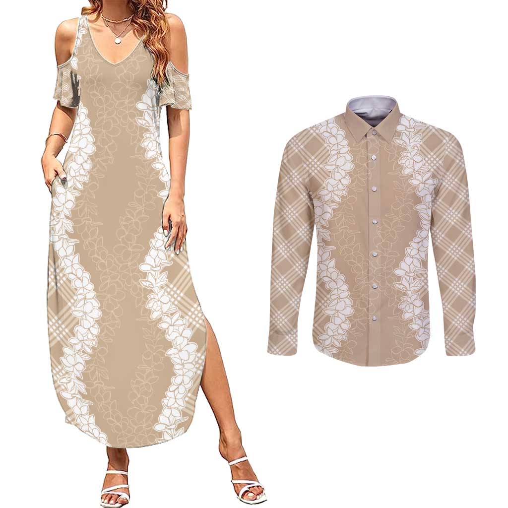 Hawaii Aloha Plumeria Lei Beige Palaka Couples Matching Summer Maxi Dress and Long Sleeve Button Shirt LT7 Beige - Polynesian Pride