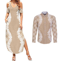 Hawaii Aloha Plumeria Lei Beige Palaka Couples Matching Summer Maxi Dress and Long Sleeve Button Shirt LT7 Beige - Polynesian Pride