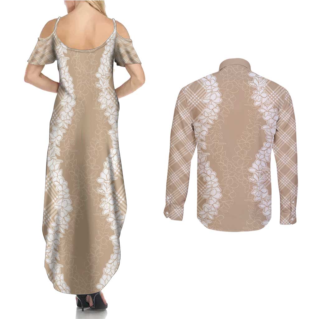 Hawaii Aloha Plumeria Lei Beige Palaka Couples Matching Summer Maxi Dress and Long Sleeve Button Shirt LT7 - Polynesian Pride