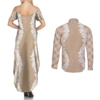 Hawaii Aloha Plumeria Lei Beige Palaka Couples Matching Summer Maxi Dress and Long Sleeve Button Shirt LT7 - Polynesian Pride