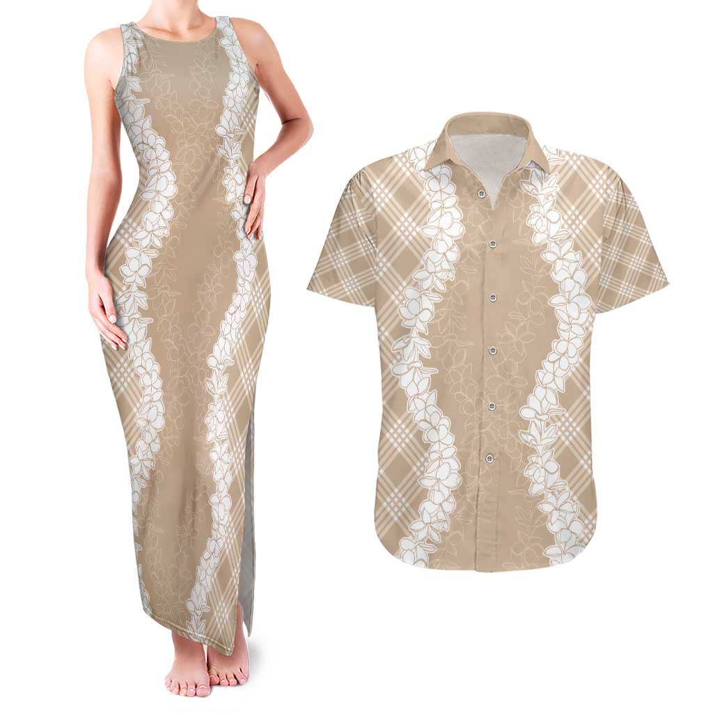 Hawaii Aloha Plumeria Lei Beige Palaka Couples Matching Tank Maxi Dress and Hawaiian Shirt LT7 Beige - Polynesian Pride