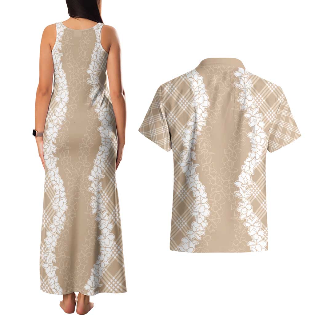 Hawaii Aloha Plumeria Lei Beige Palaka Couples Matching Tank Maxi Dress and Hawaiian Shirt LT7 - Polynesian Pride