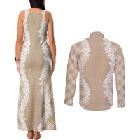Hawaii Aloha Plumeria Lei Beige Palaka Couples Matching Tank Maxi Dress and Long Sleeve Button Shirt LT7 - Polynesian Pride