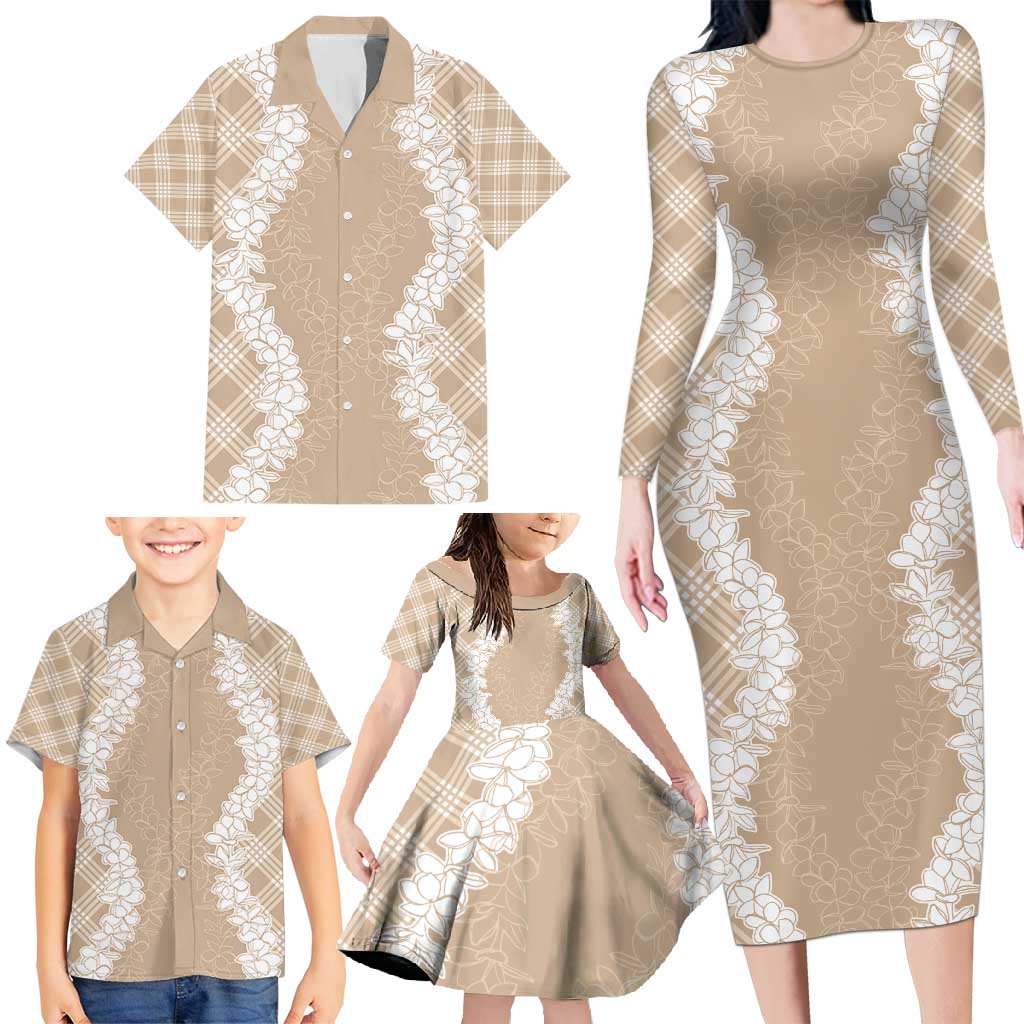 Hawaii Aloha Plumeria Lei Beige Palaka Family Matching Long Sleeve Bodycon Dress and Hawaiian Shirt LT7 - Polynesian Pride