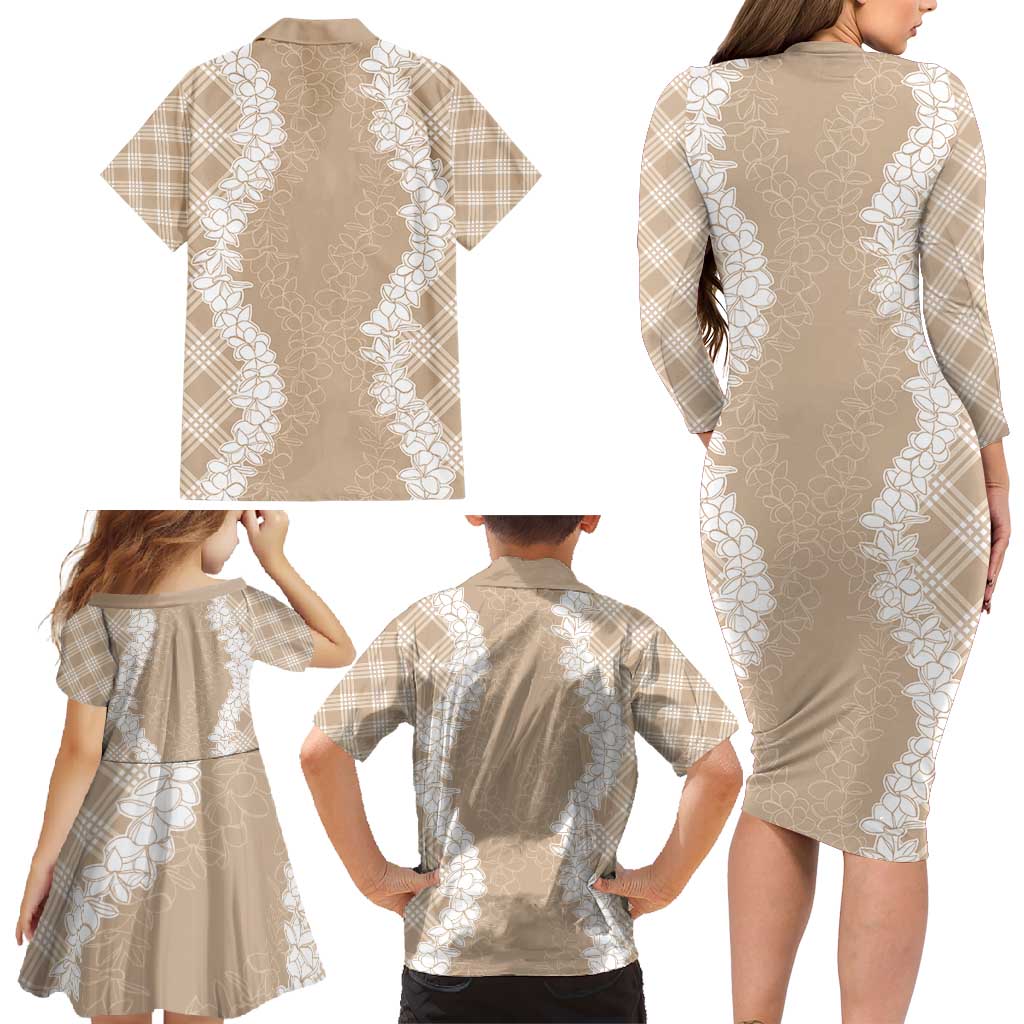 Hawaii Aloha Plumeria Lei Beige Palaka Family Matching Long Sleeve Bodycon Dress and Hawaiian Shirt LT7 - Polynesian Pride