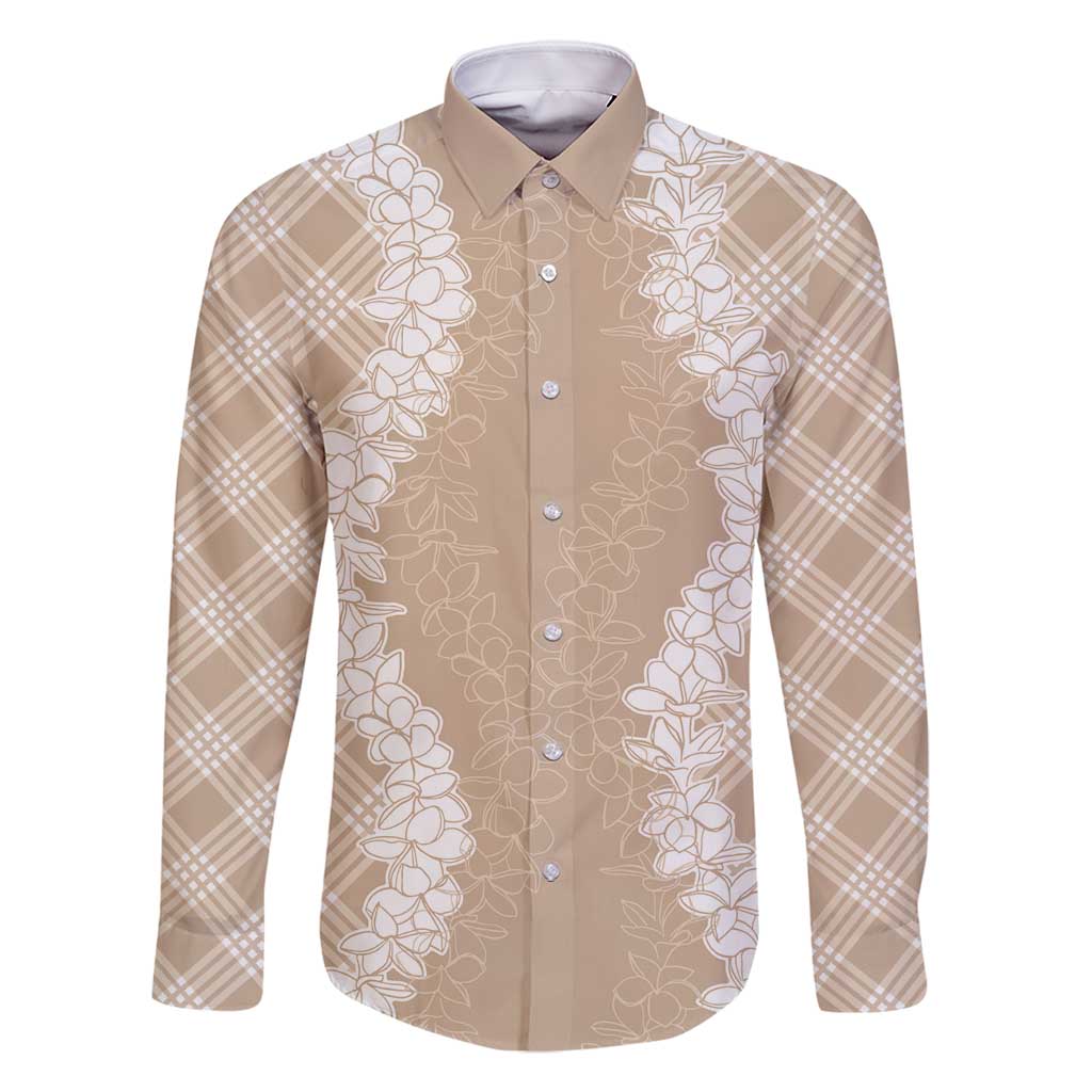Hawaii Aloha Plumeria Lei Beige Palaka Family Matching Long Sleeve Bodycon Dress and Hawaiian Shirt LT7 Dad's Shirt - Long Sleeve Beige - Polynesian Pride