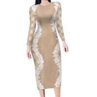 Hawaii Aloha Plumeria Lei Beige Palaka Family Matching Long Sleeve Bodycon Dress and Hawaiian Shirt LT7 Mom's Dress Beige - Polynesian Pride