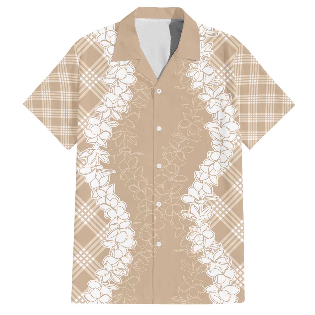 Hawaii Aloha Plumeria Lei Beige Palaka Family Matching Off The Shoulder Long Sleeve Dress and Hawaiian Shirt LT7 Dad's Shirt - Short Sleeve Beige - Polynesian Pride