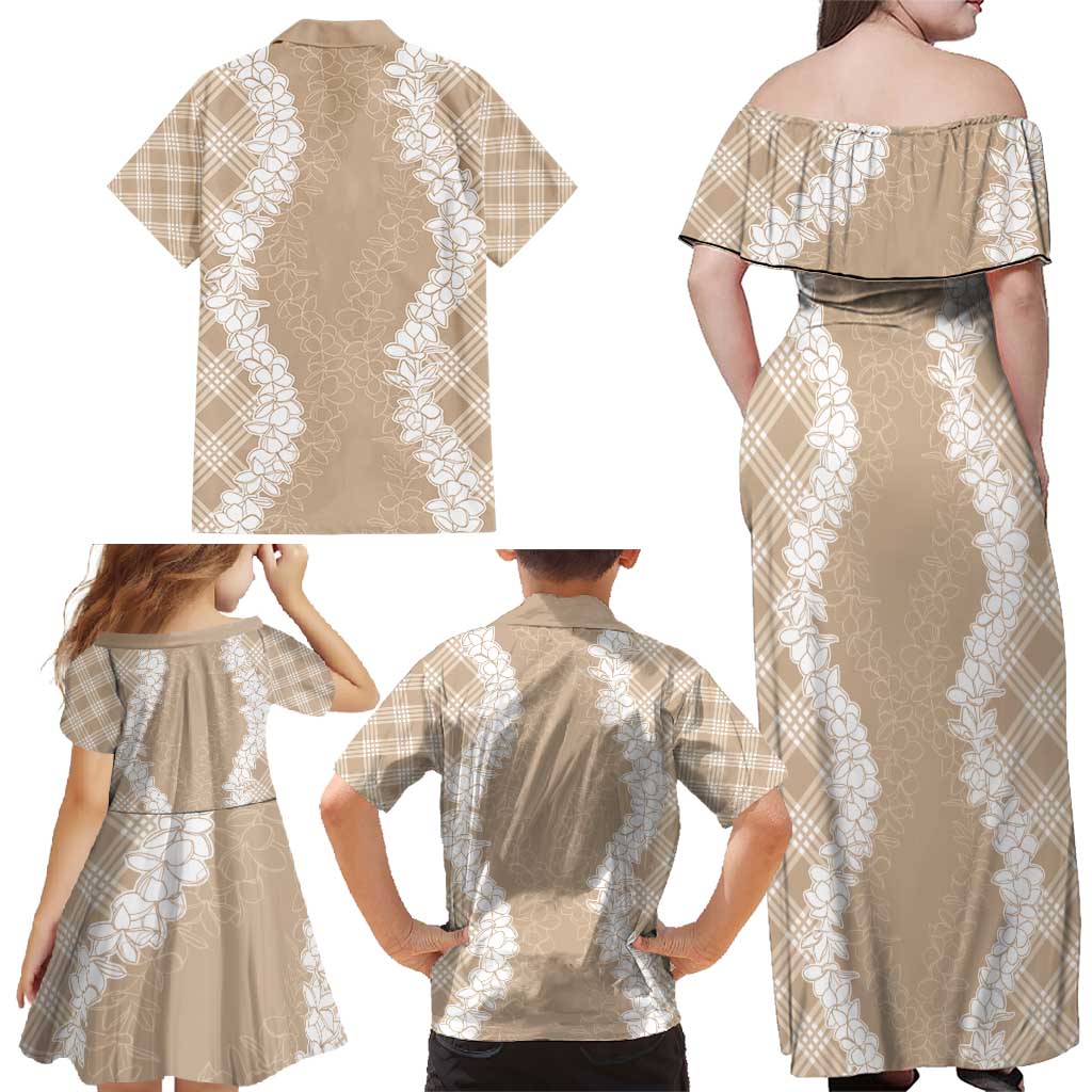Hawaii Aloha Plumeria Lei Beige Palaka Family Matching Off Shoulder Maxi Dress and Hawaiian Shirt LT7 - Polynesian Pride