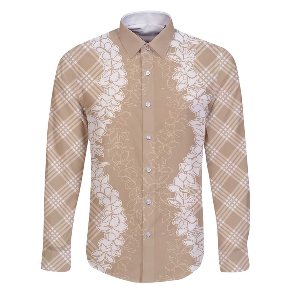 Hawaii Aloha Plumeria Lei Beige Palaka Family Matching Puletasi and Hawaiian Shirt LT7 Dad's Shirt - Long Sleeve Beige - Polynesian Pride