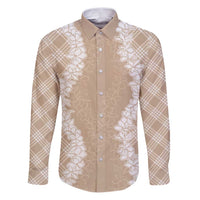 Hawaii Aloha Plumeria Lei Beige Palaka Family Matching Puletasi and Hawaiian Shirt LT7 Dad's Shirt - Long Sleeve Beige - Polynesian Pride