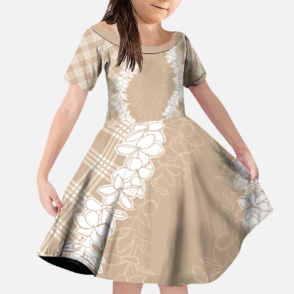 Hawaii Aloha Plumeria Lei Beige Palaka Family Matching Short Sleeve Bodycon Dress and Hawaiian Shirt LT7 Daughter's Dress Beige - Polynesian Pride