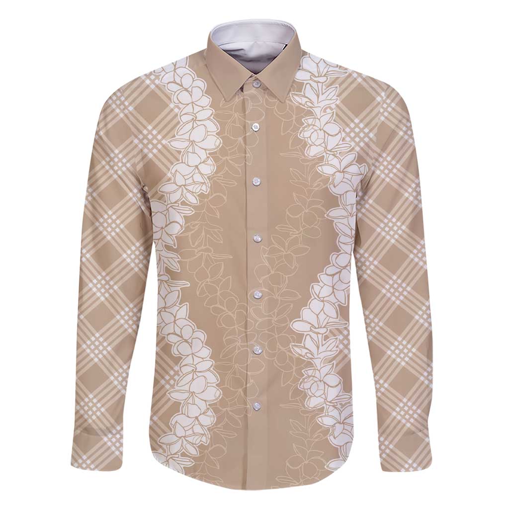 Hawaii Aloha Plumeria Lei Beige Palaka Family Matching Short Sleeve Bodycon Dress and Hawaiian Shirt LT7 Dad's Shirt - Long Sleeve Beige - Polynesian Pride