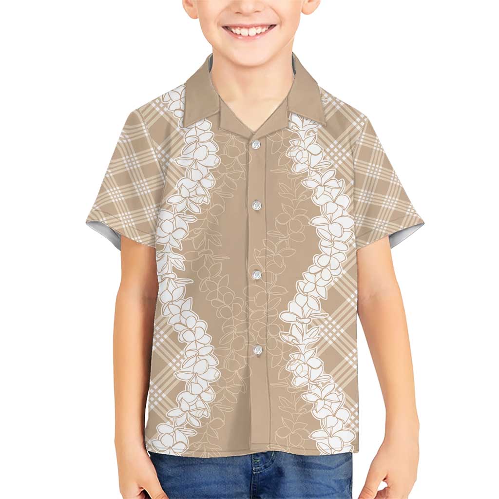 Hawaii Aloha Plumeria Lei Beige Palaka Family Matching Short Sleeve Bodycon Dress and Hawaiian Shirt LT7 Son's Shirt Beige - Polynesian Pride