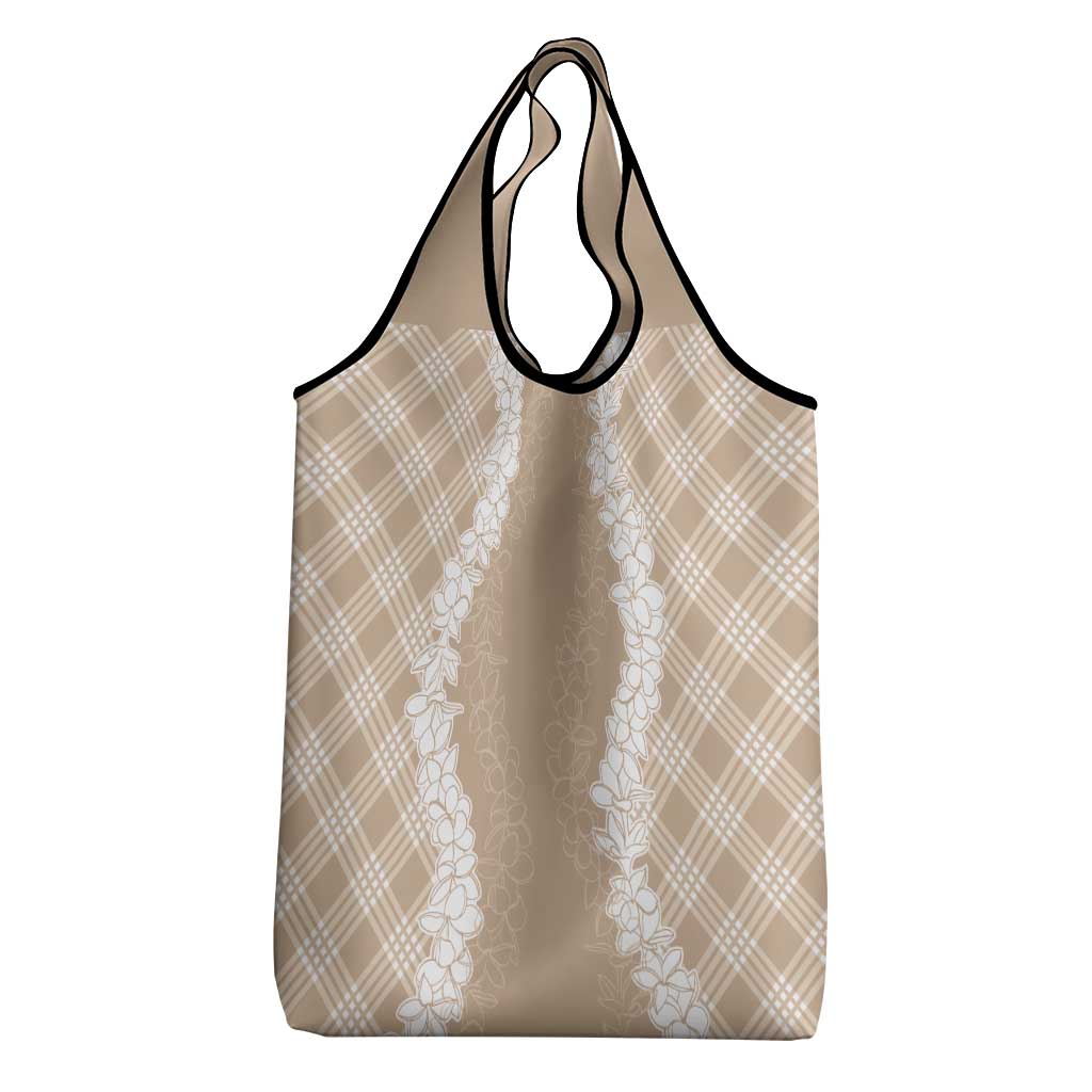 Hawaii Aloha Plumeria Lei Beige Palaka Grocery Bag - Polynesian Pride